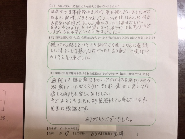 山梨県甲府市在住　　６０代女性　めまい、動悸、だるさ、自律神経失調症