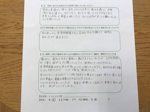   山梨県南アルプス市在住　　５０代　坐骨神経痛